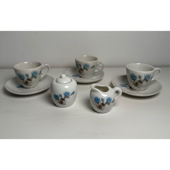 Vintage children’s blue rose design tea cups  saucers creamer sugar dish #M-1369 - Picture 1 of 7